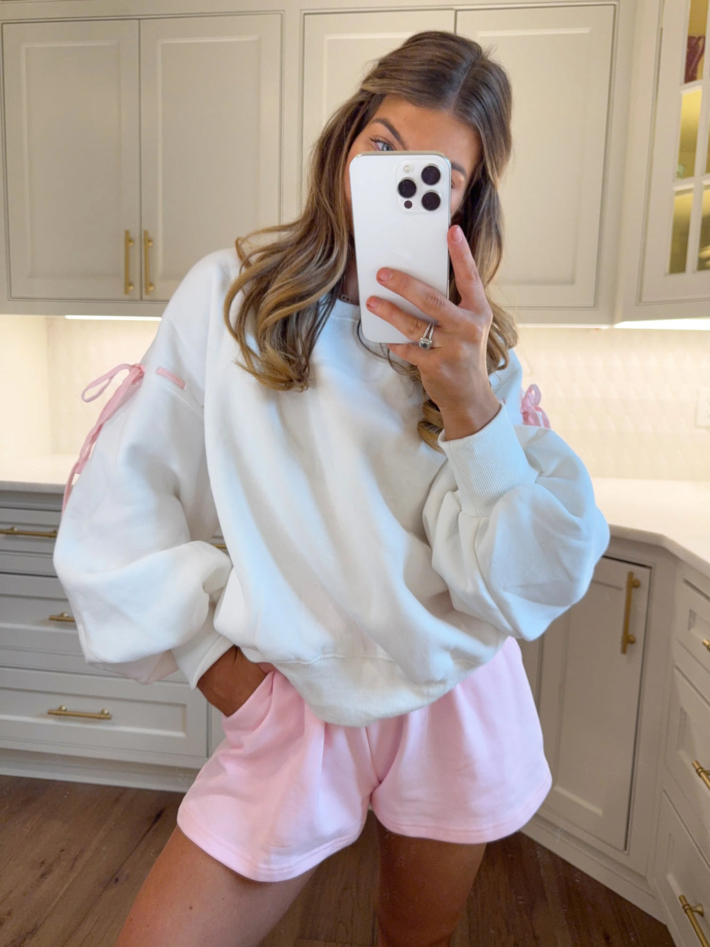 Cottage Tie Detail Sweatshirt - White / Pink