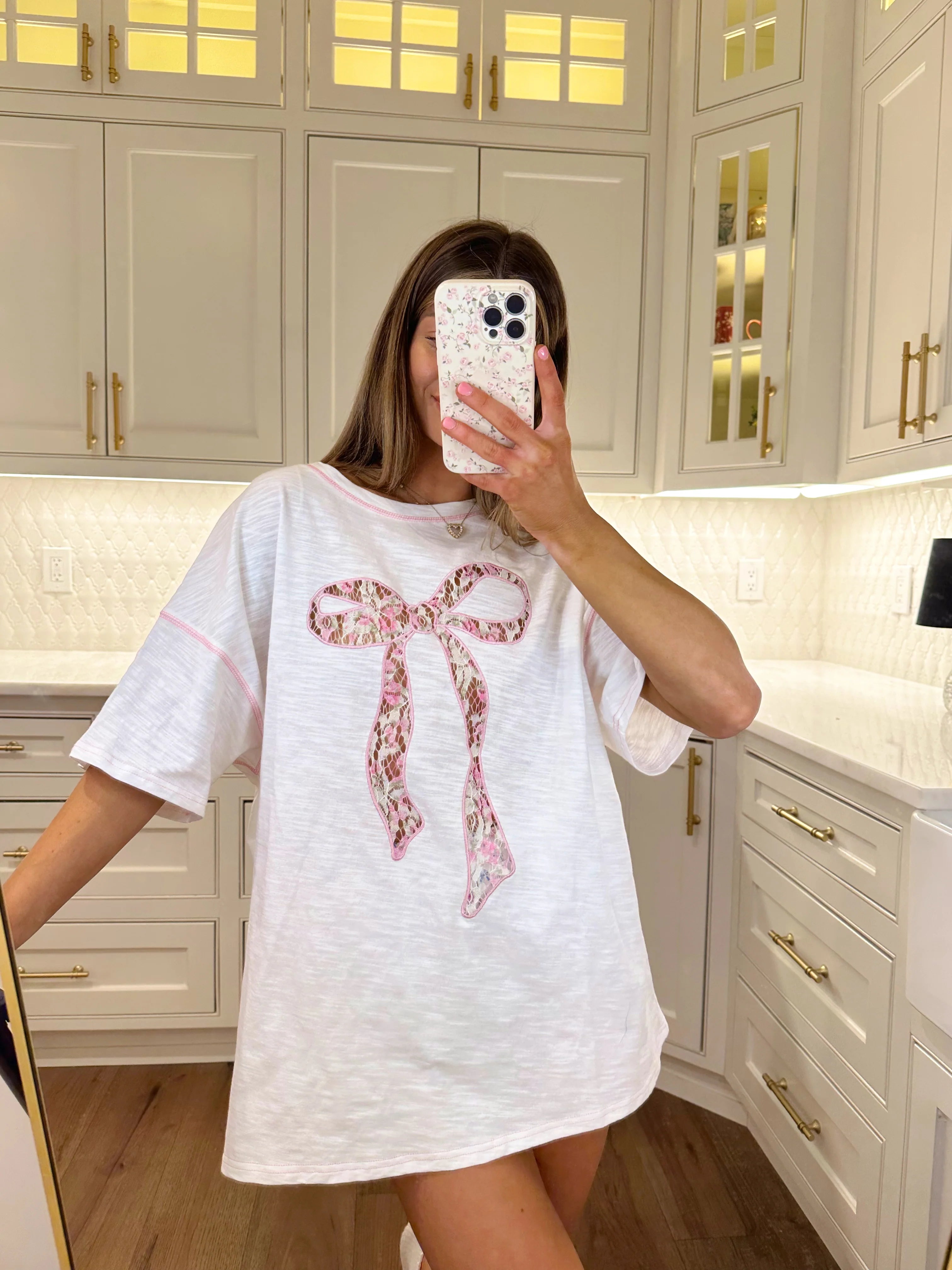 LARGE Beauty Bow Embroidered Oversized Tee - White / Pink
