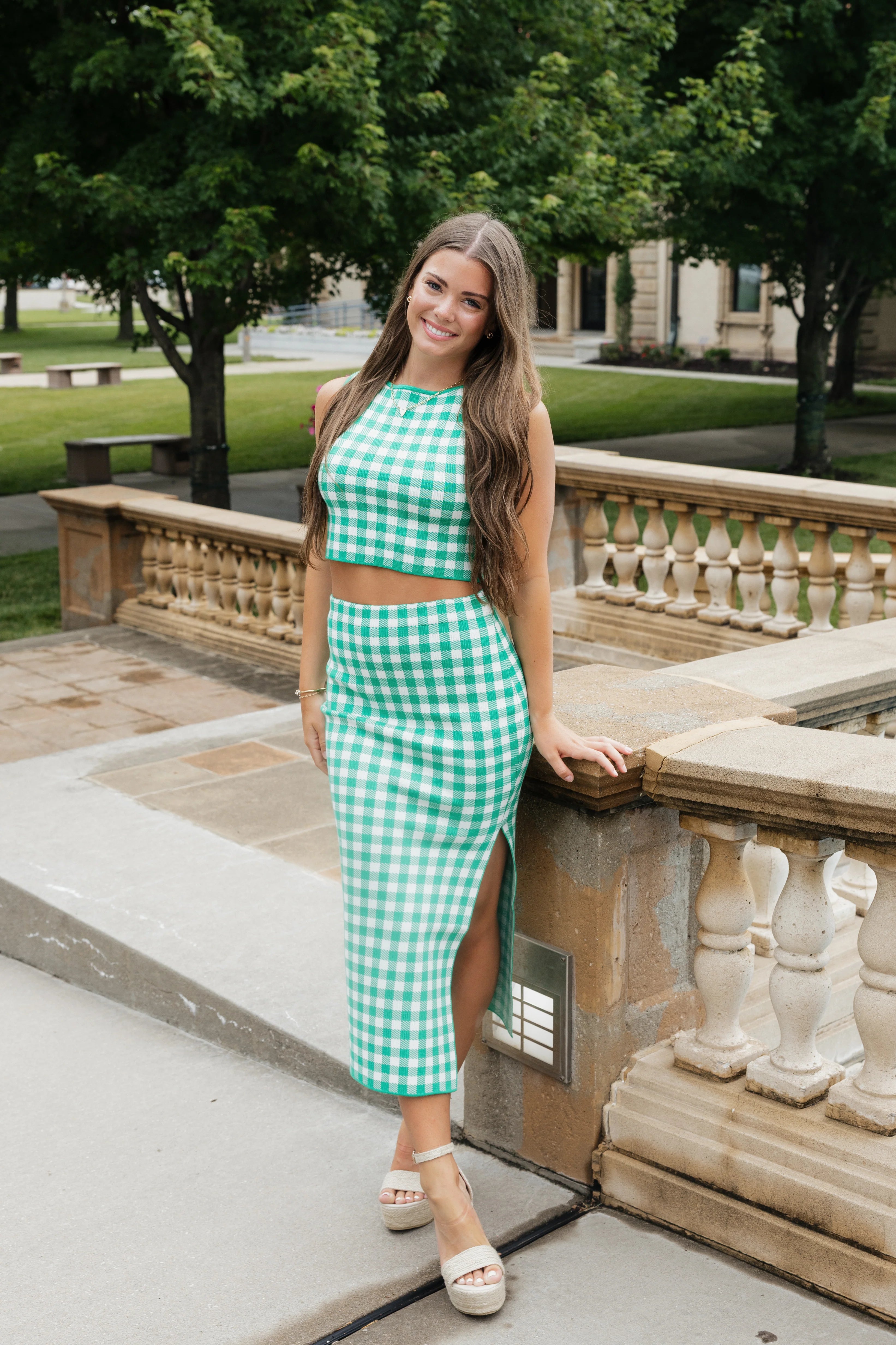 Sydney Gingham Knit Set - Green / White