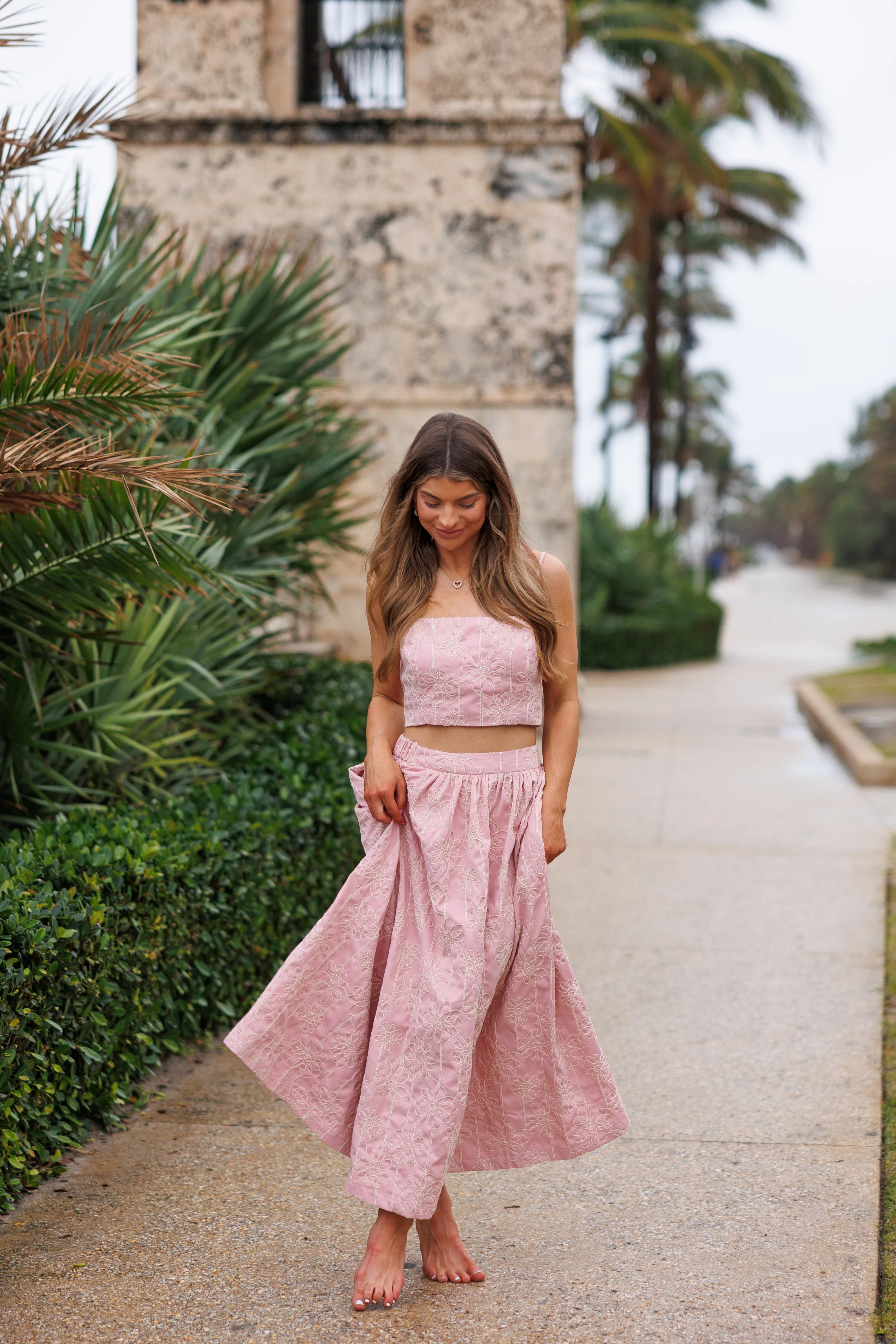 Pink Avenue Embroidered Maxi Skirt And Top Set - Light Pink