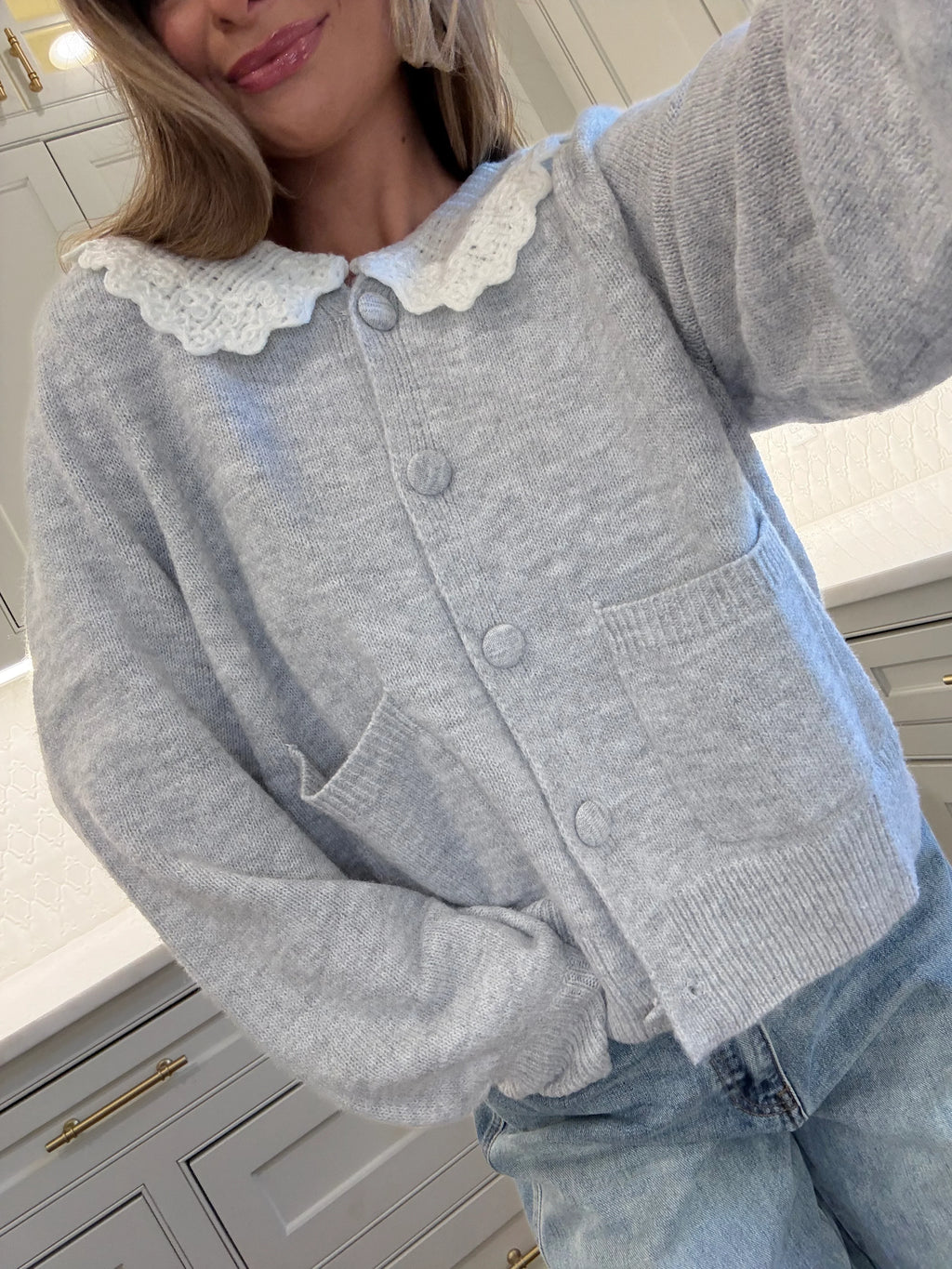 PREORDER EST SHIP 9.26 Agnes Frill Collar Cardigan - Heathered Grey