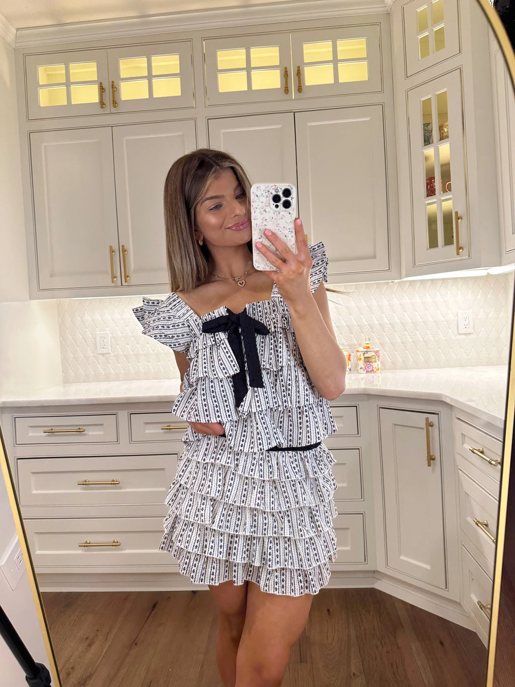 Thalassa Flower Stripe Ruffle Top - Black / White