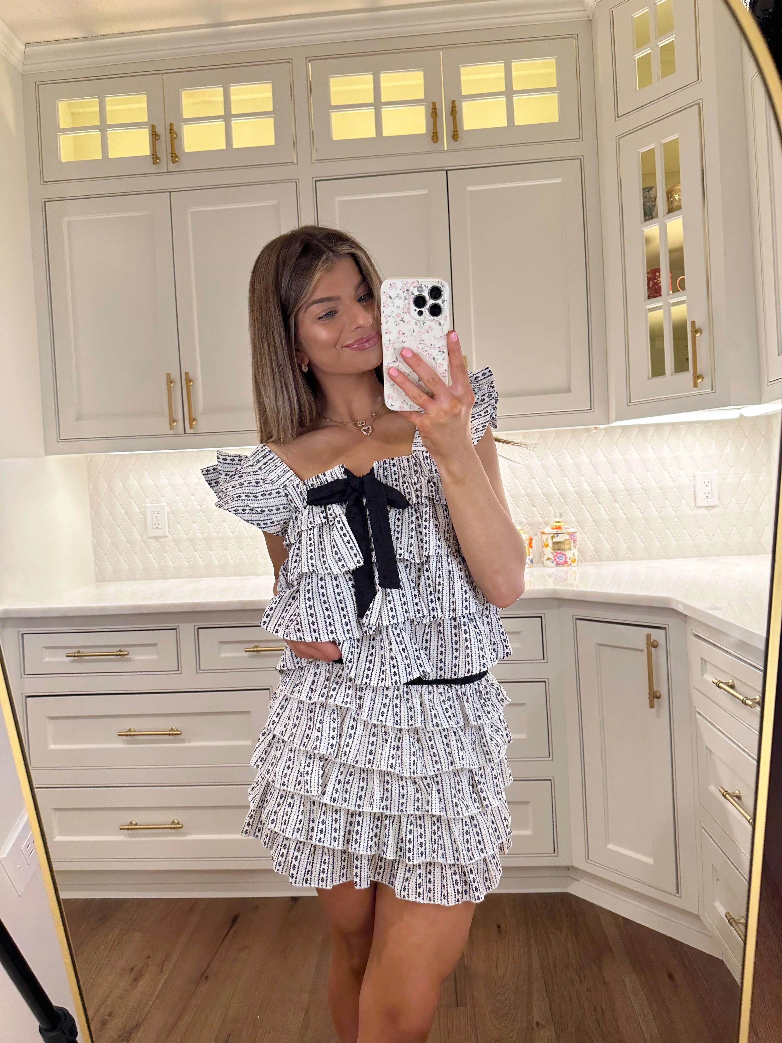 Thalassa Flower Stripe Ruffle Top - Black / White