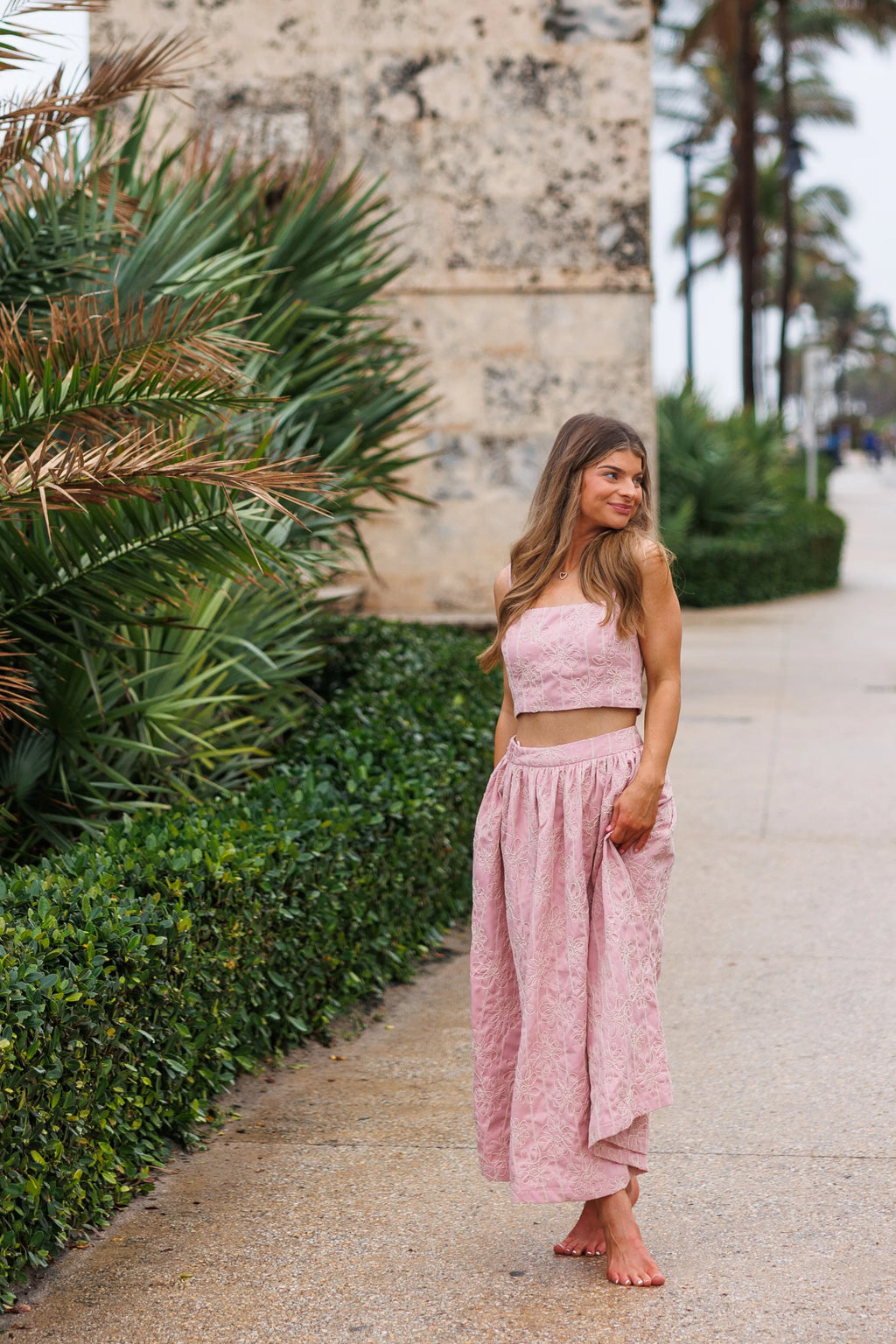 Pink Avenue Embroidered Maxi Skirt And Top Set - Light Pink