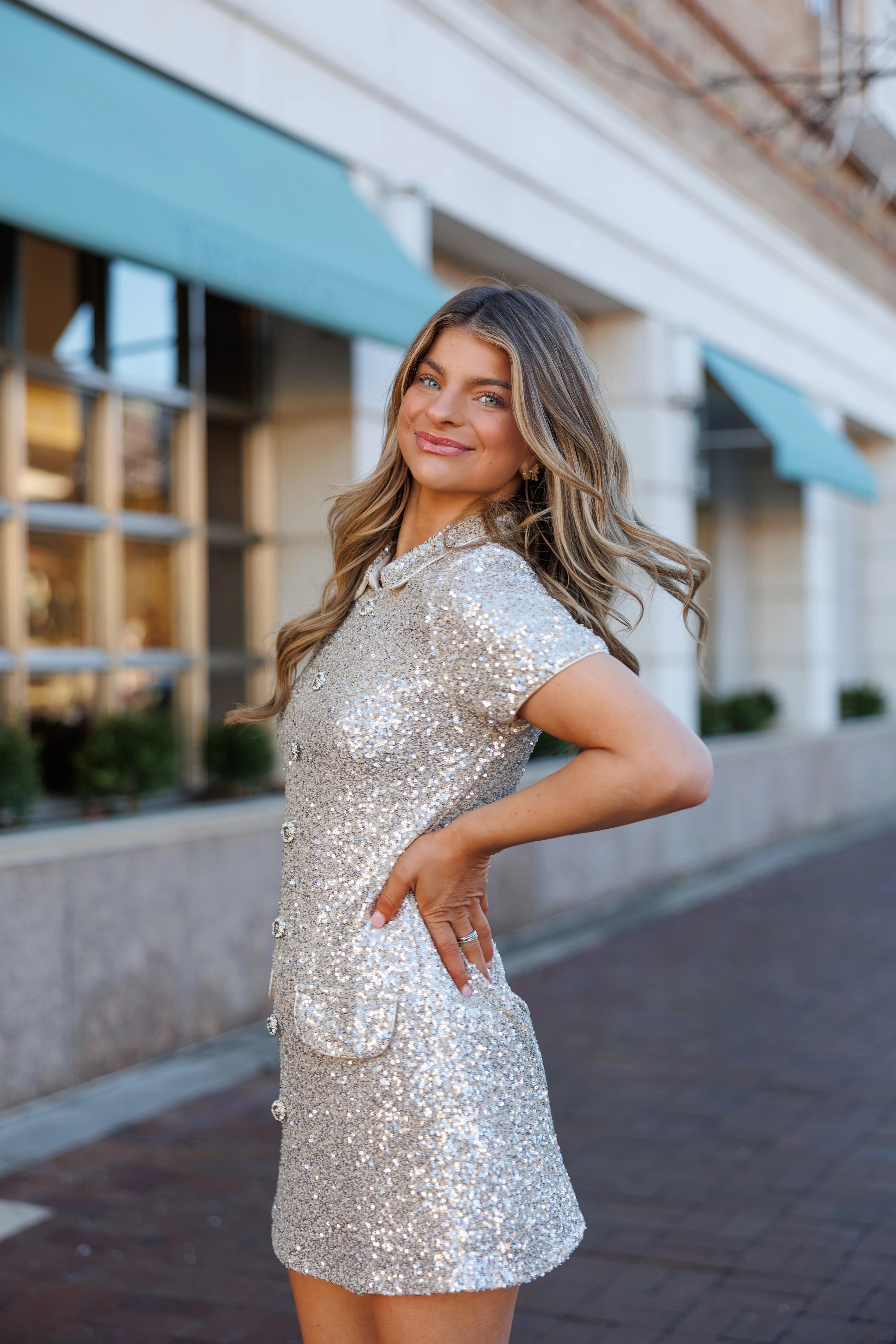 Sequin Frosted Collared Mini Dress - Champagne