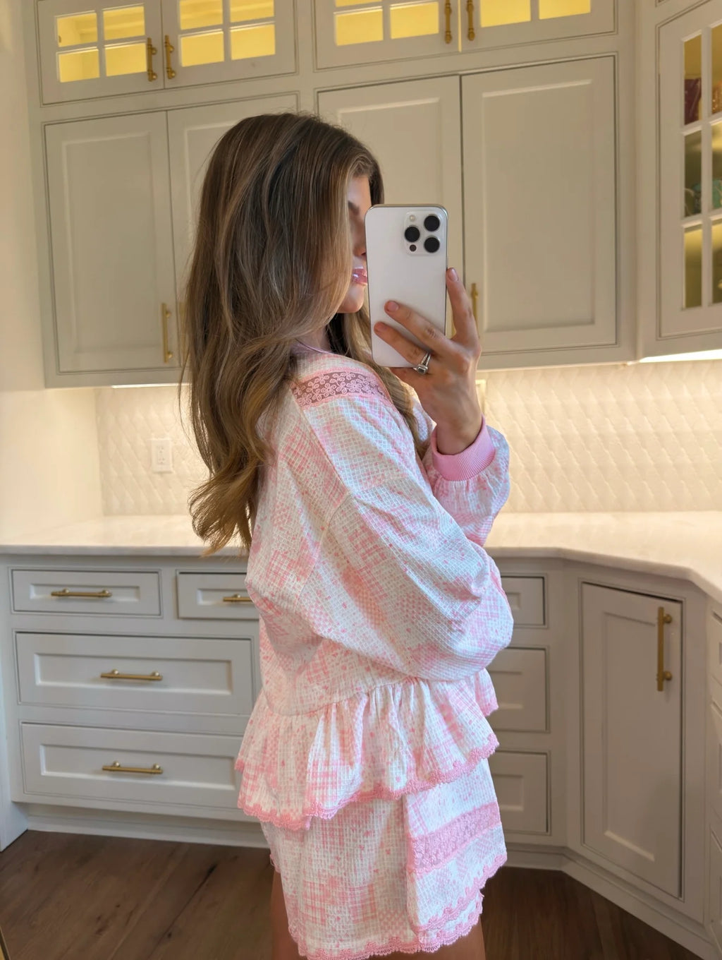 Thistleby Pink Speckled Lace Trim Lounge Set - Pink / White