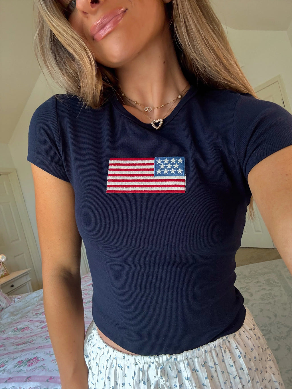 LARGE Gia Embroidered Flag Baby Tee - Navy