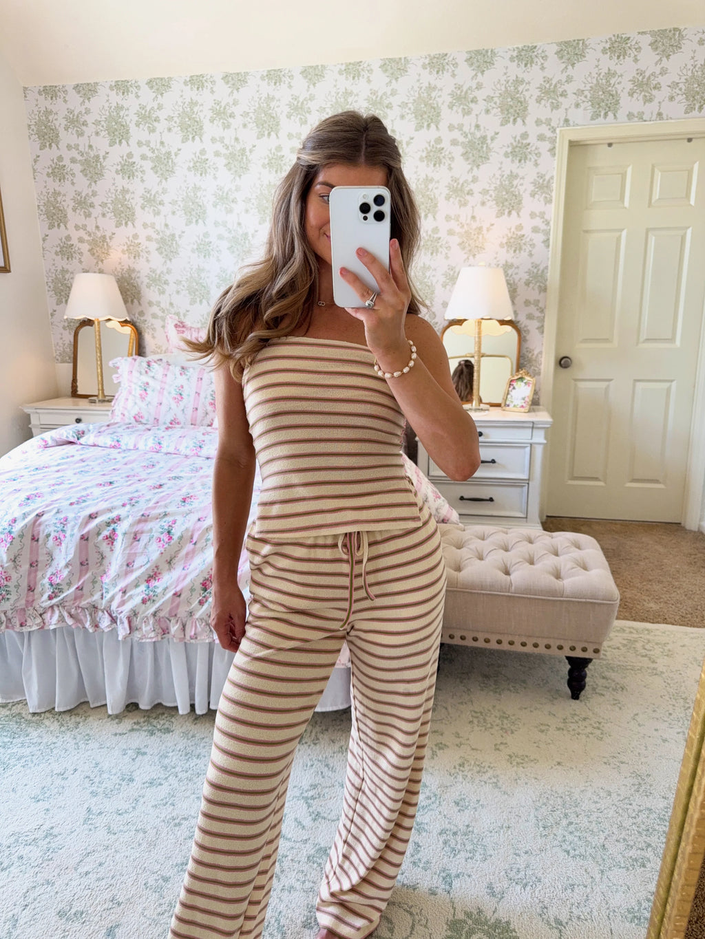 Monroe Striped Tube Top and Pant Set - Cream / Green / Pink