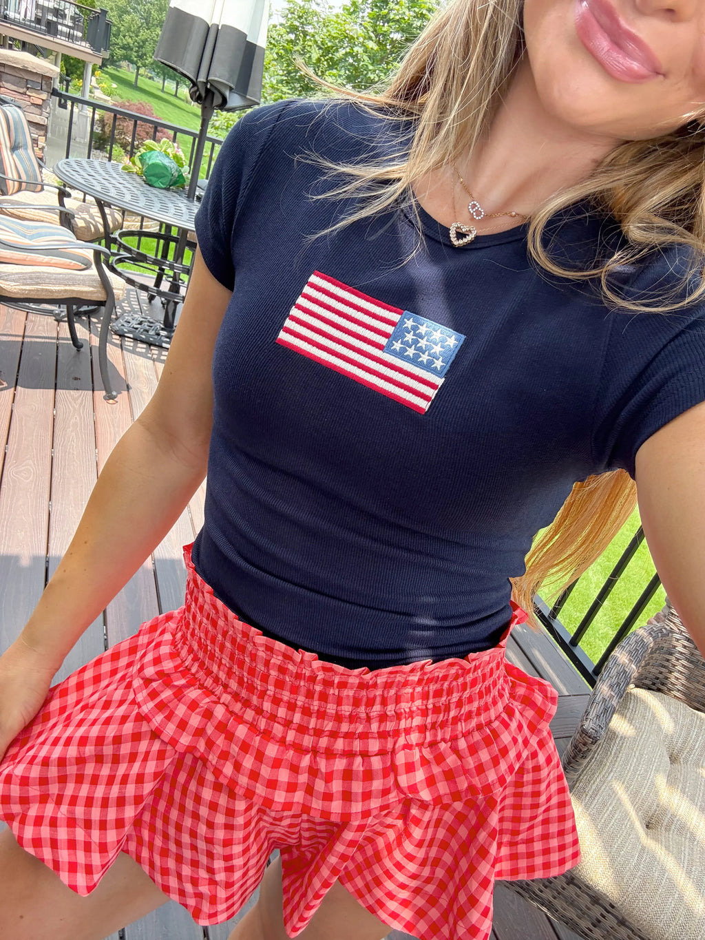 LARGE Gia Embroidered Flag Baby Tee - Navy