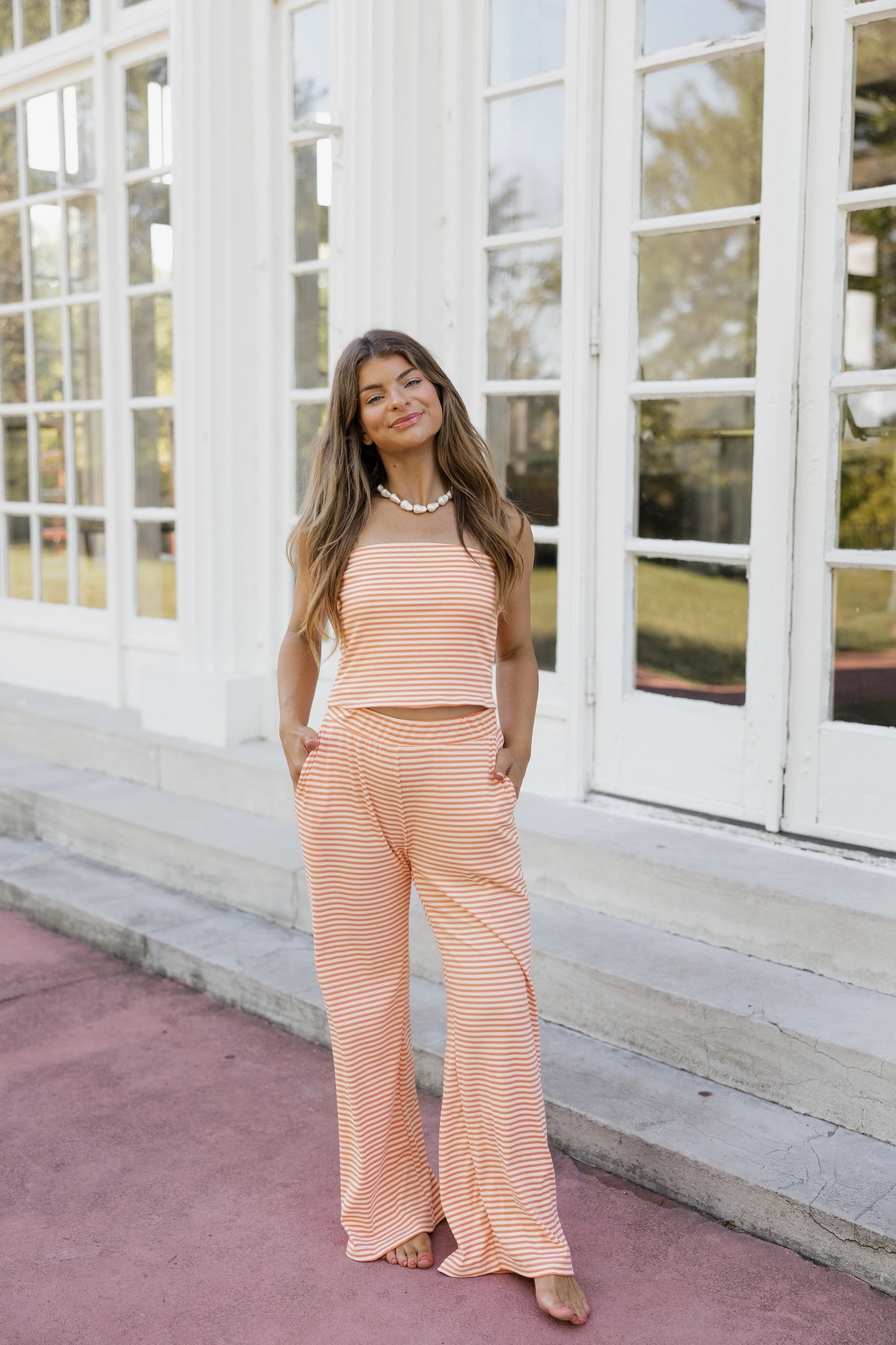 Finely Striped Ribbed Lounge Set - Orange / White