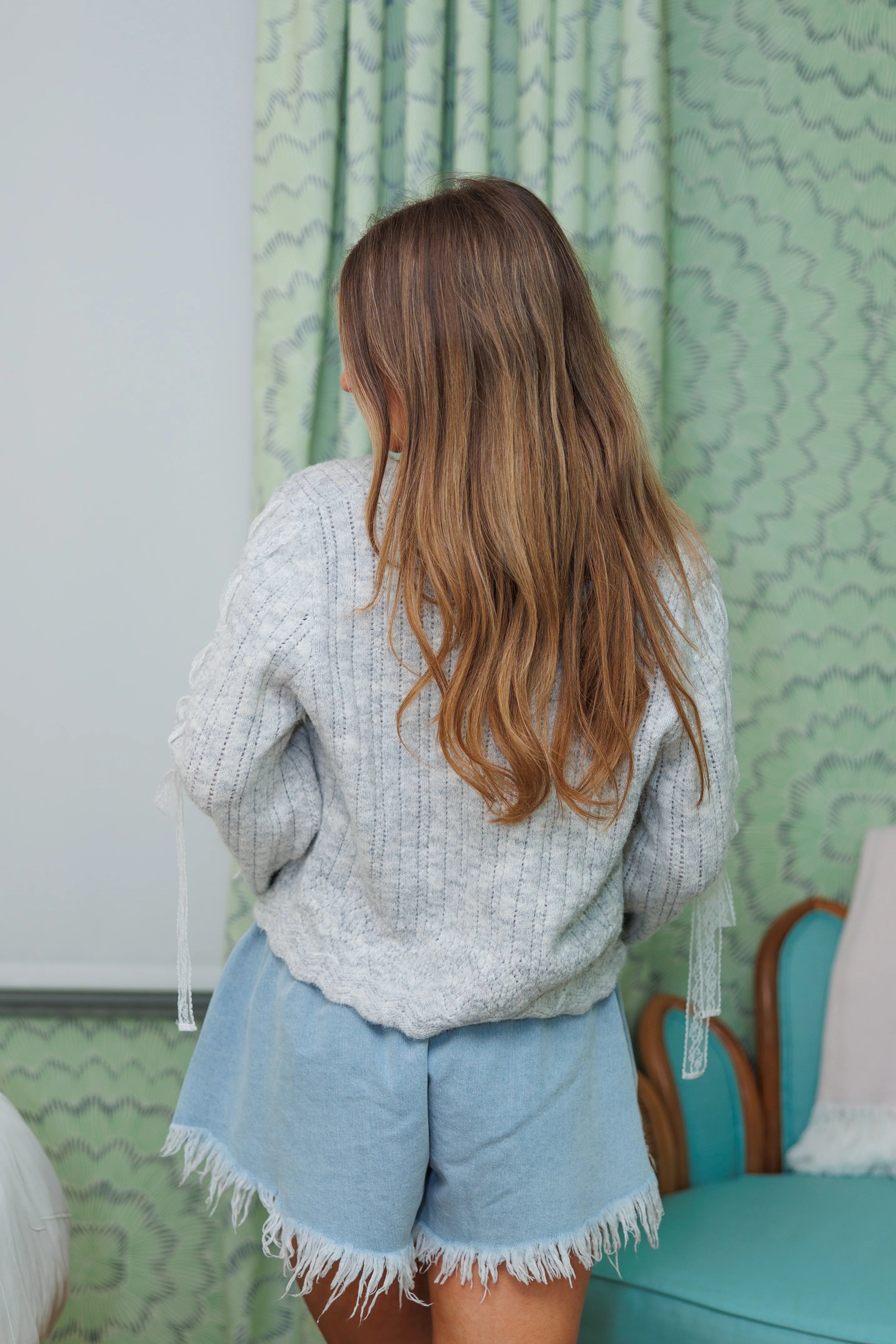 Frankie Lace Ribbon Cardigan - Grey