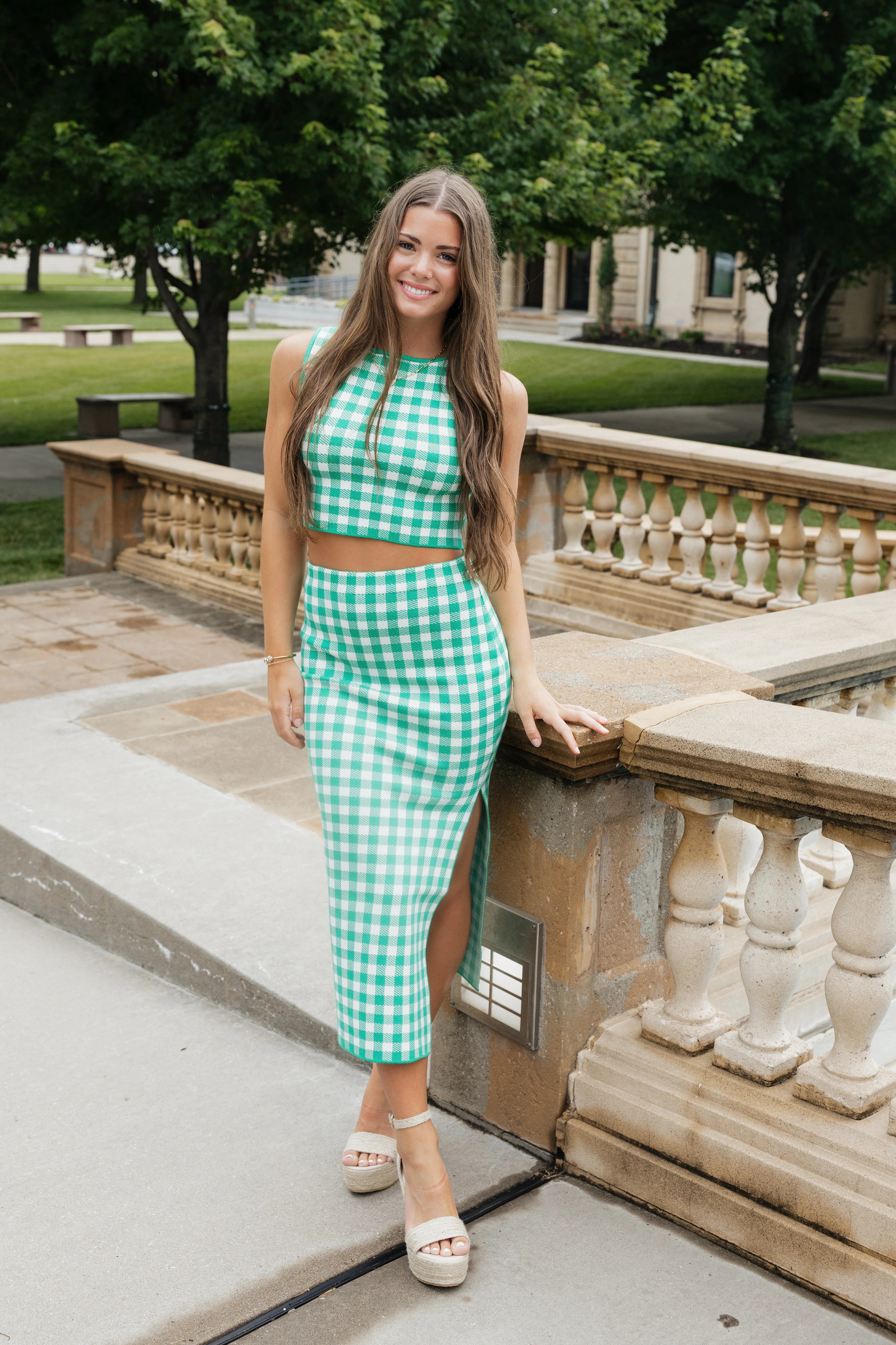 Sydney Gingham Knit Set - Green / White
