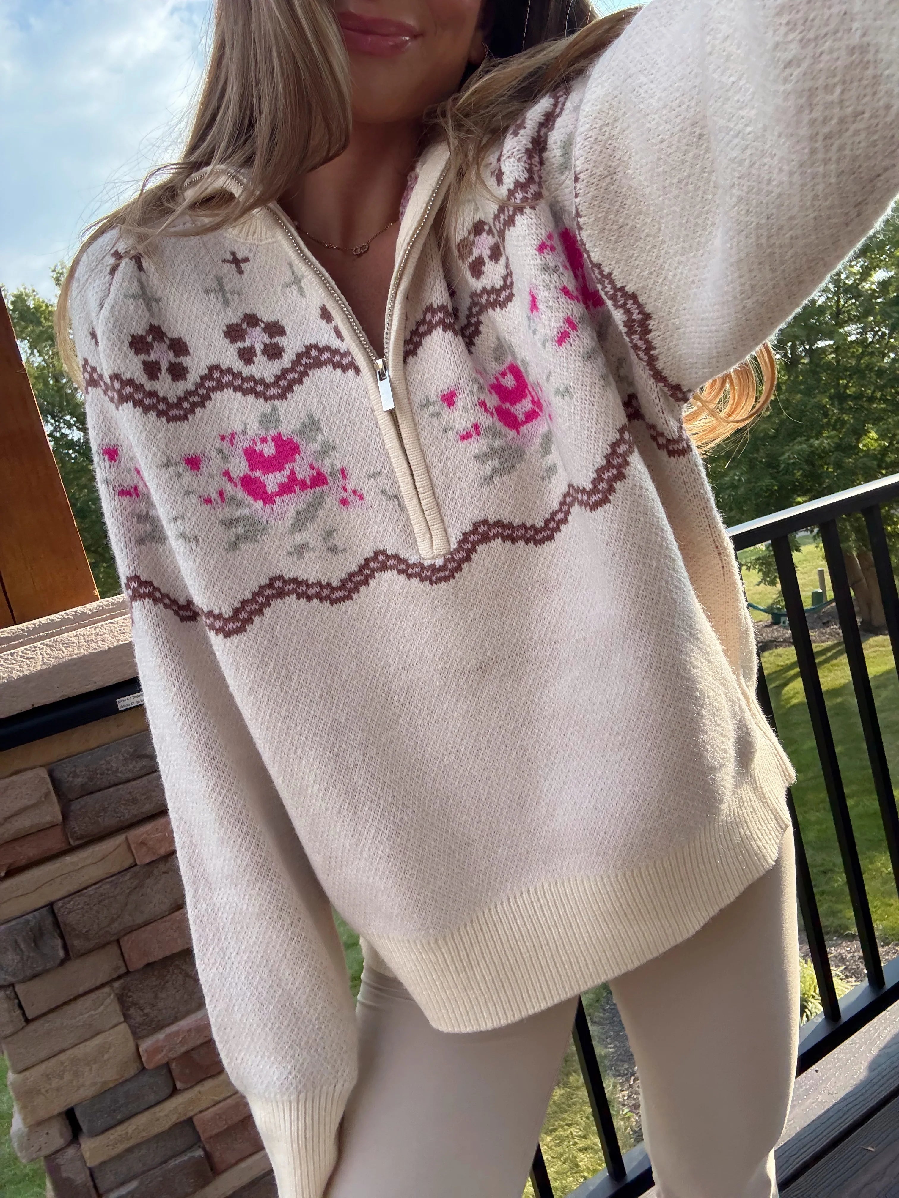 Toddy Knitted Fair Aisle Half Zip Sweater - Cream