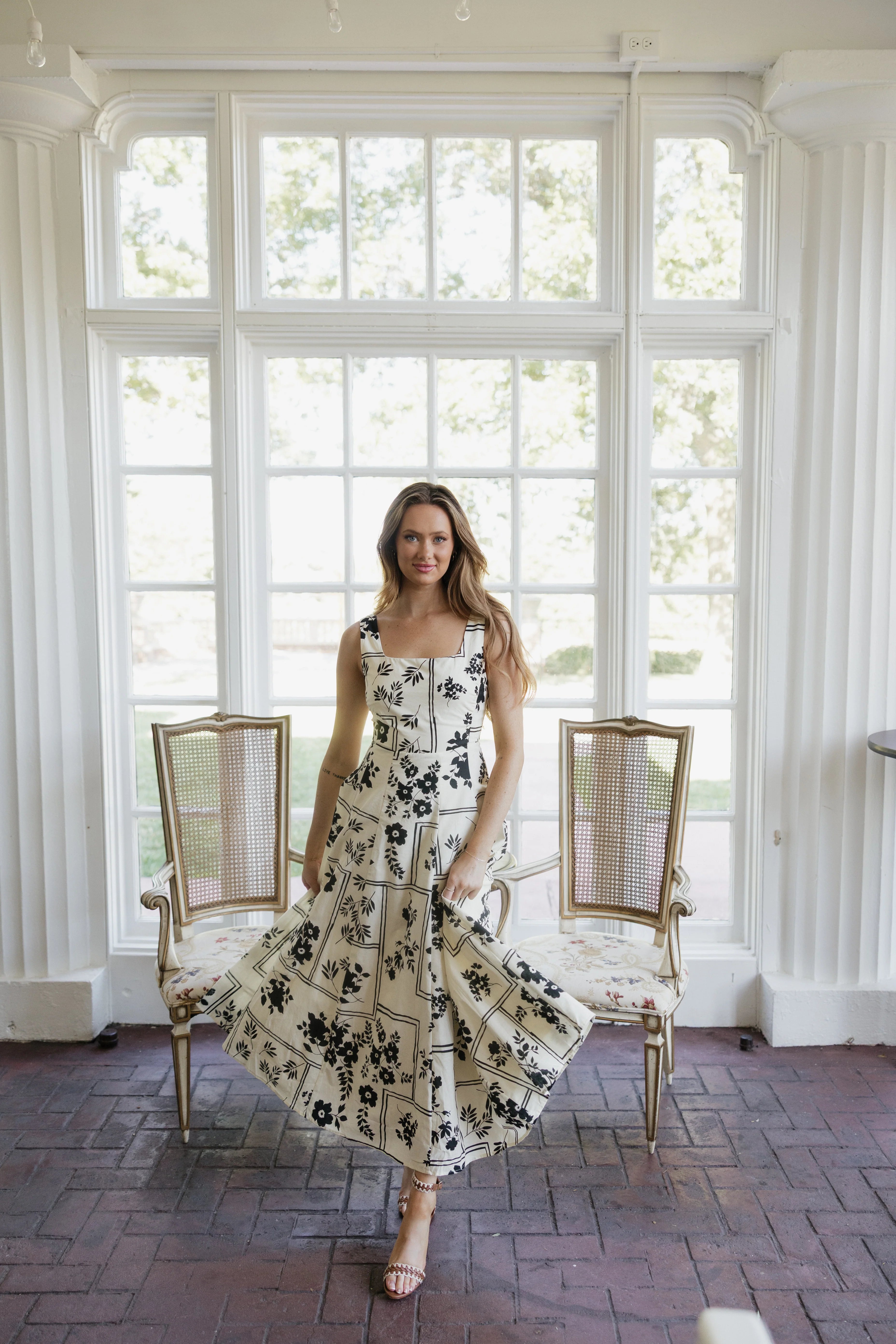 Kennedy Floral Midi Dress - Cream / Black