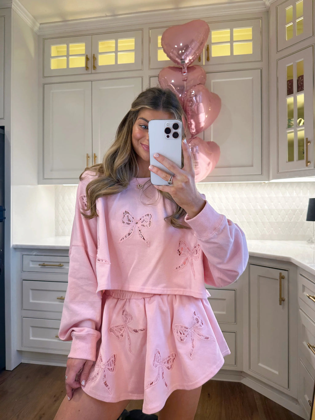 Show Me Love Bow Lace Embellished French Terry Set - Light Pink