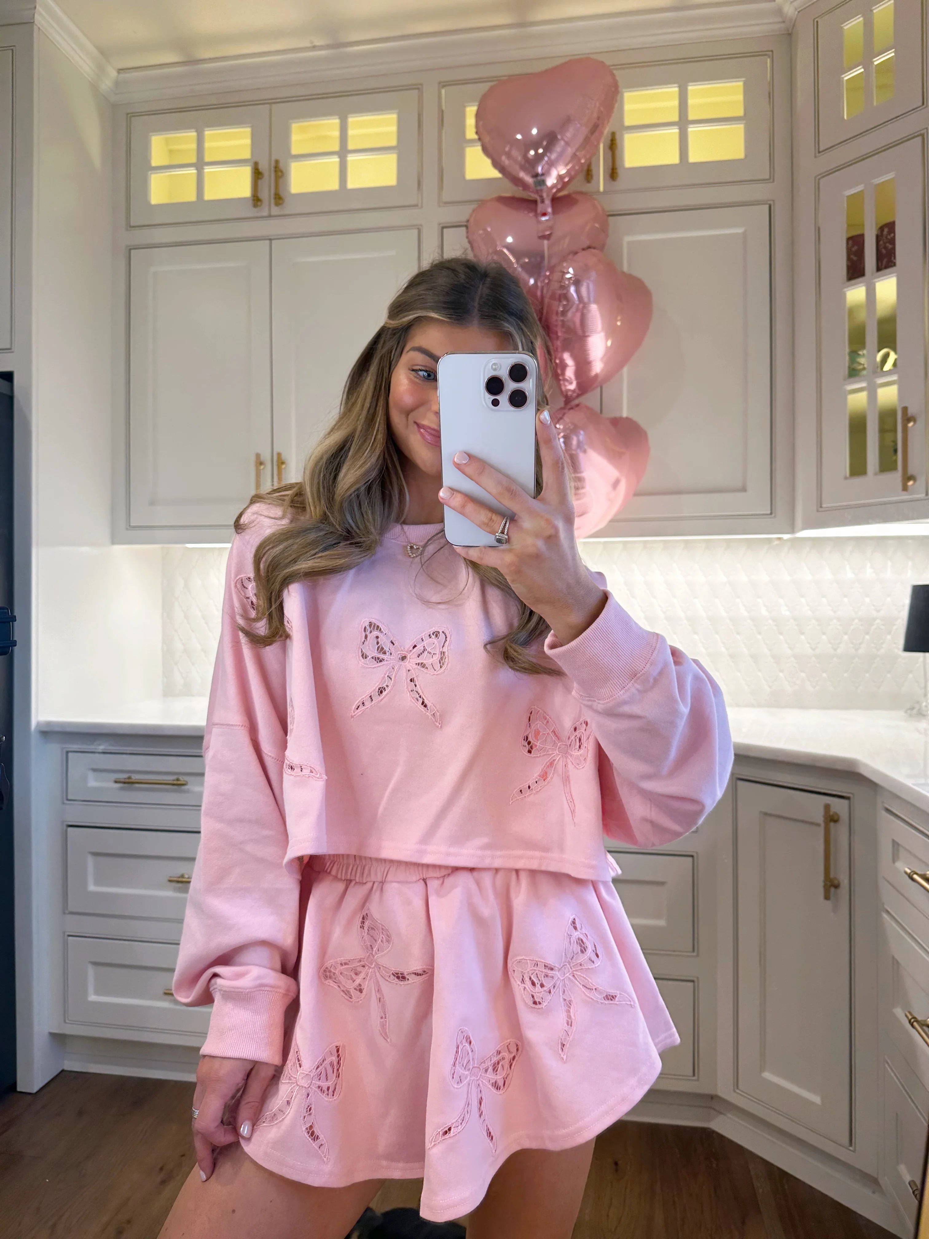 Show Me Love Bow Lace Embellished French Terry Set - Light Pink