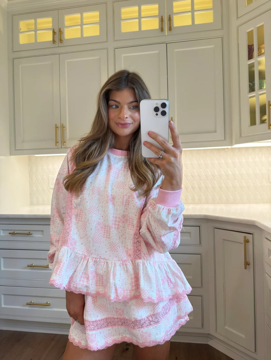 Thistleby Pink Speckled Lace Trim Lounge Set - Pink / White