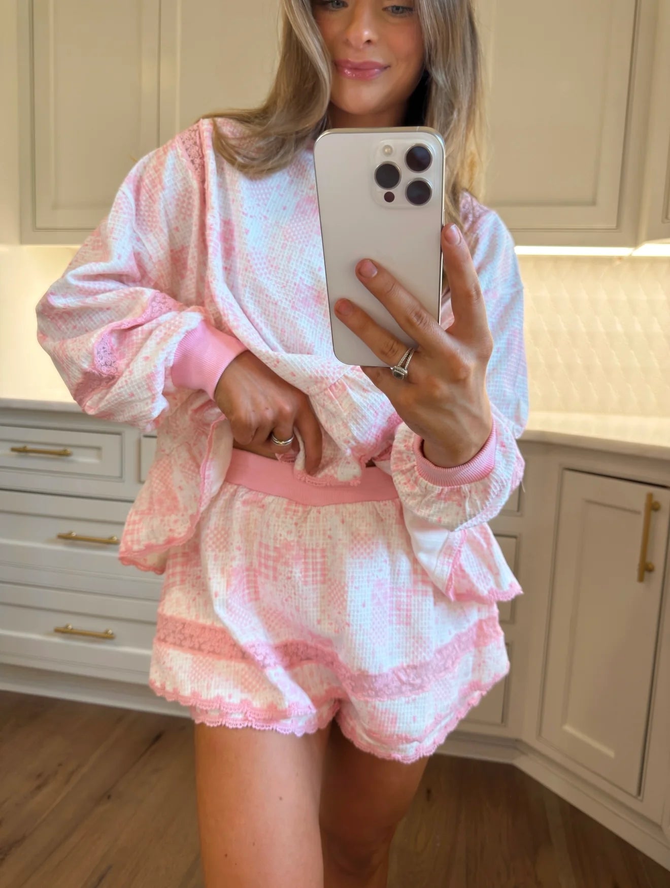 Thistleby Pink Speckled Lace Trim Lounge Set - Pink / White