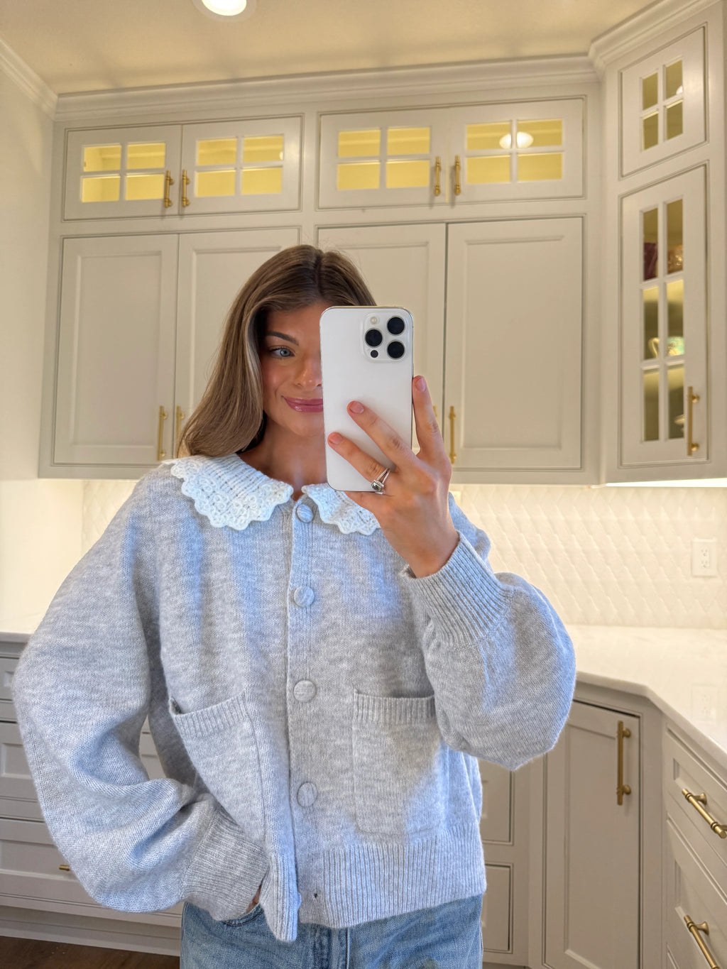 PREORDER EST SHIP 9.26 Agnes Frill Collar Cardigan - Heathered Grey