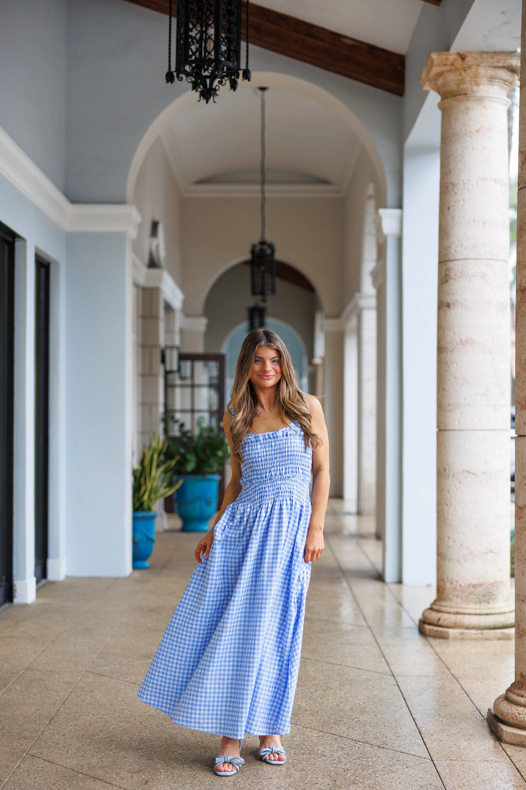 Gingham Girl Gingham Smocked Bodice Midi Dress - Light Blue