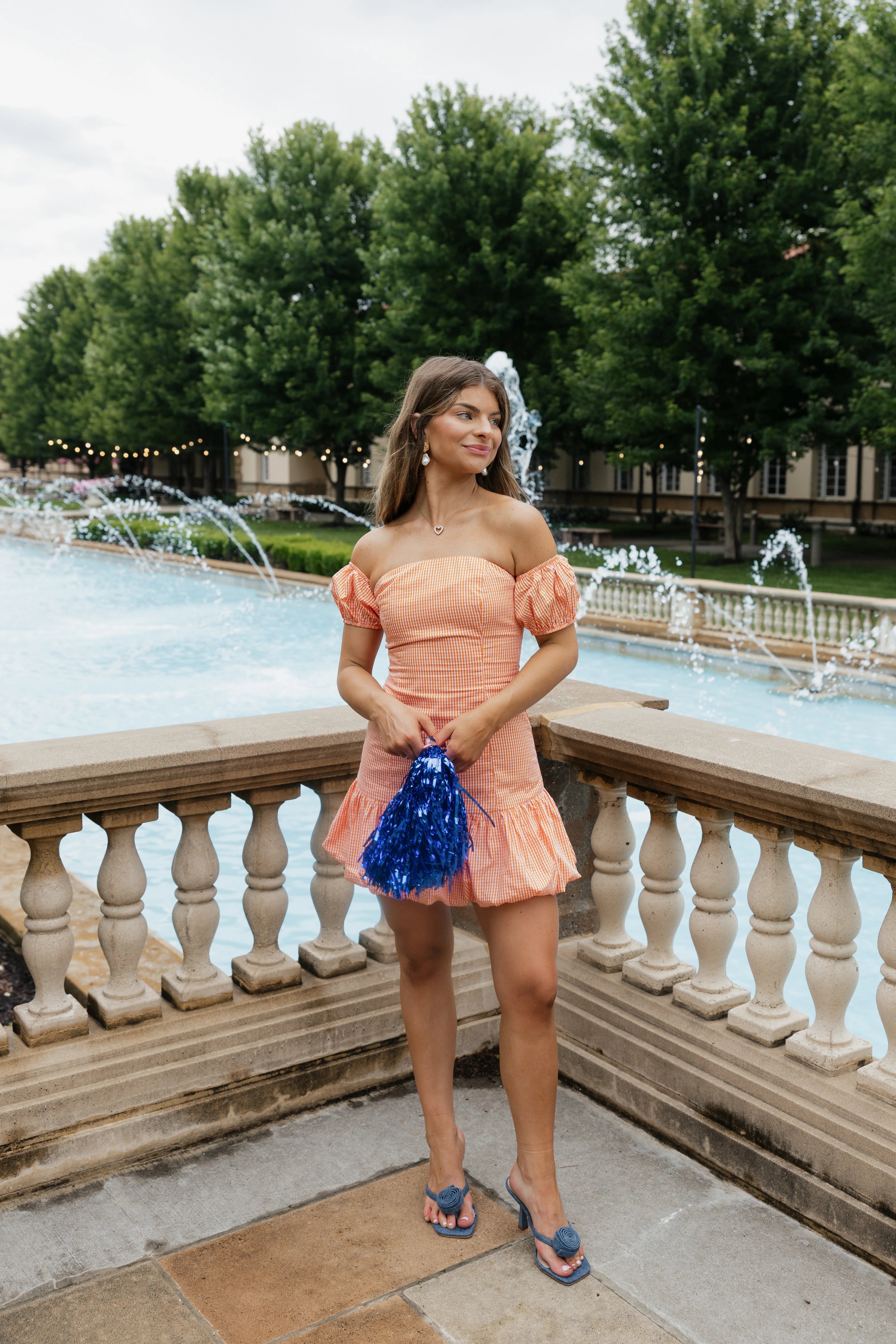 Leia Gingham Off The Shoulder Mini Dress - Orange / White