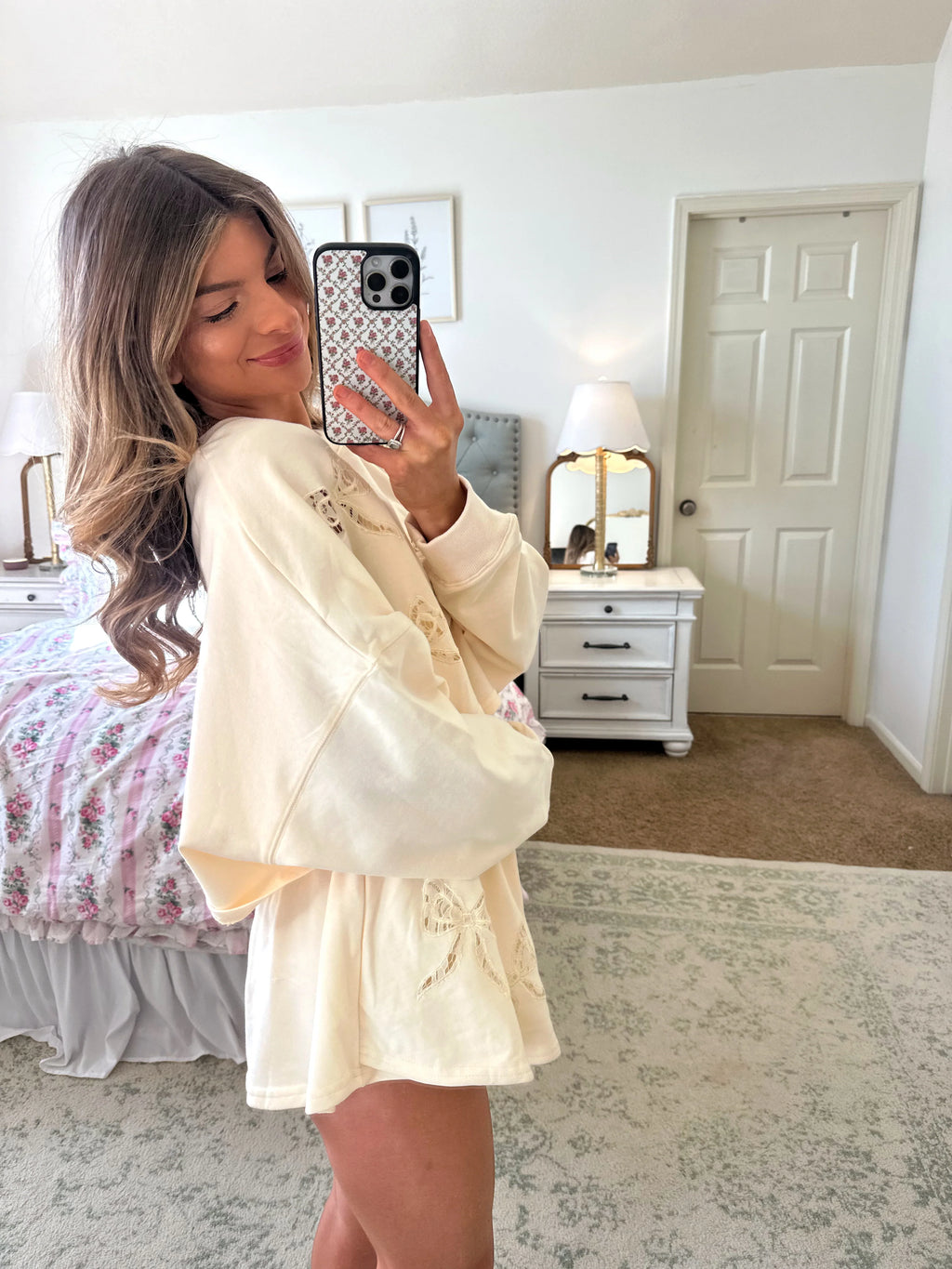 Show Me Love Bow Lace Embellished French Terry Set - Cream