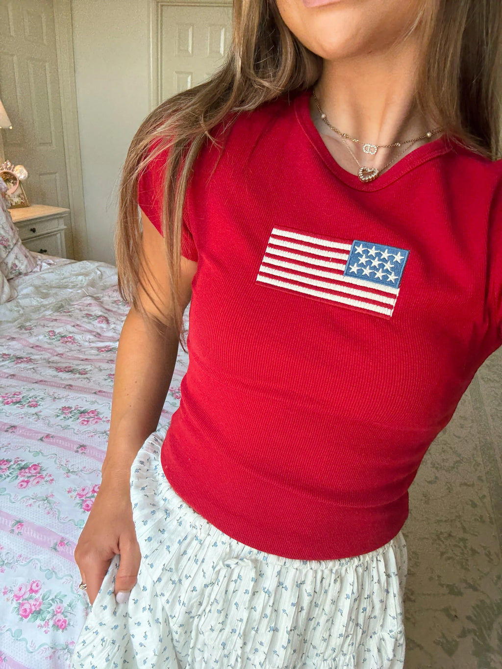 Gia Embroidered Flag Baby Tee - Red