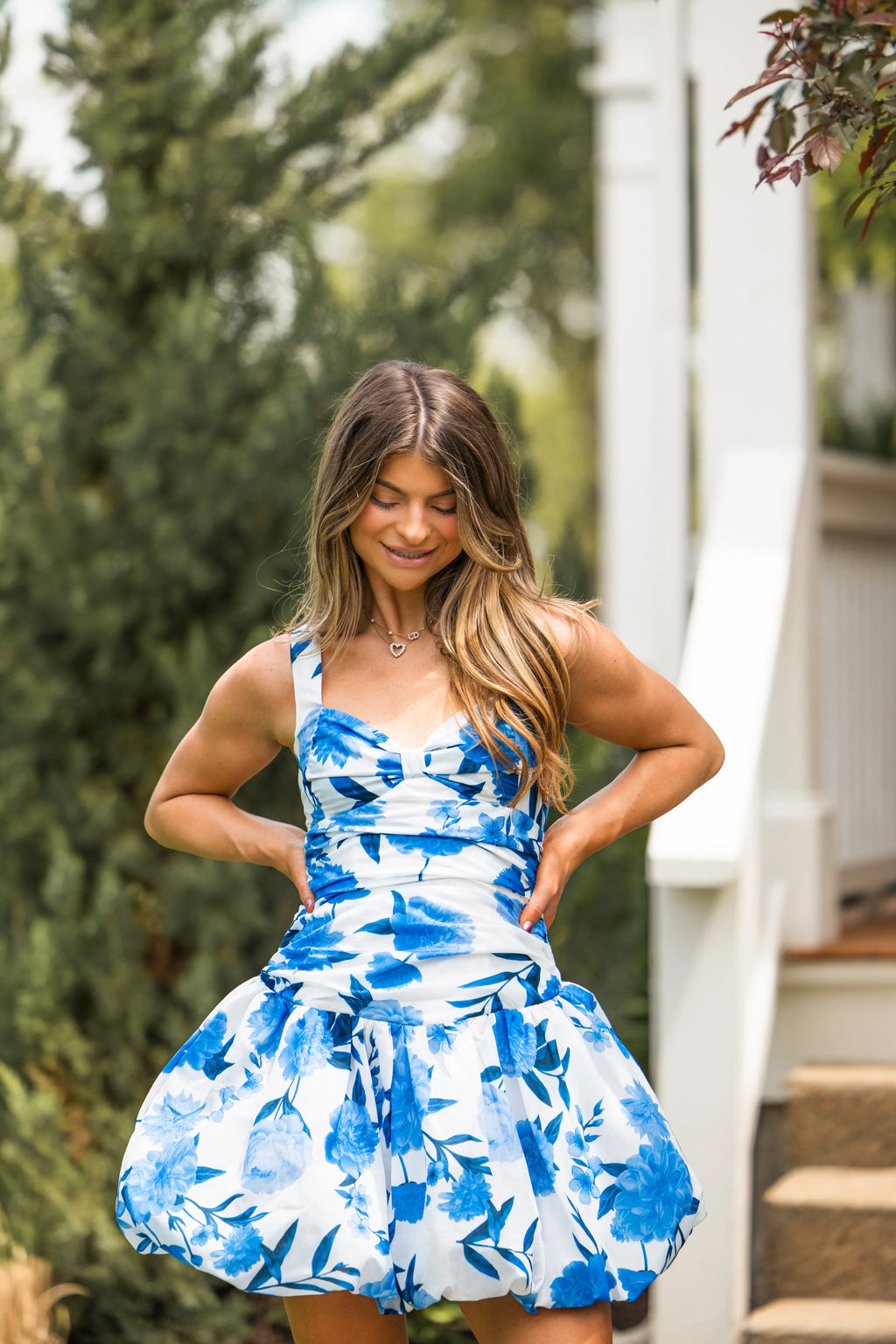 Olivia's Garden Bubble Hem Mini Dress - Blue Floral